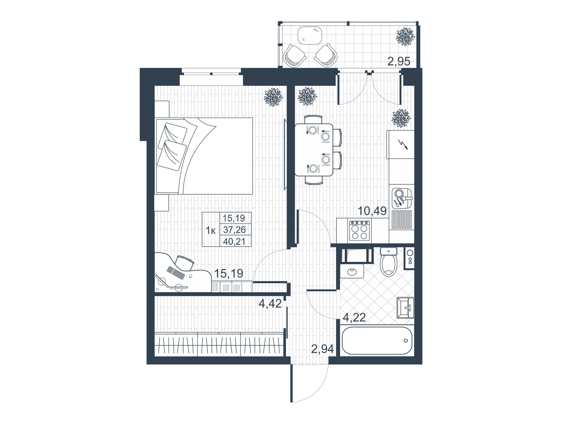 Планировка: 1-комн. квартира 37.10 м² в новостройке Ново-Антропшино