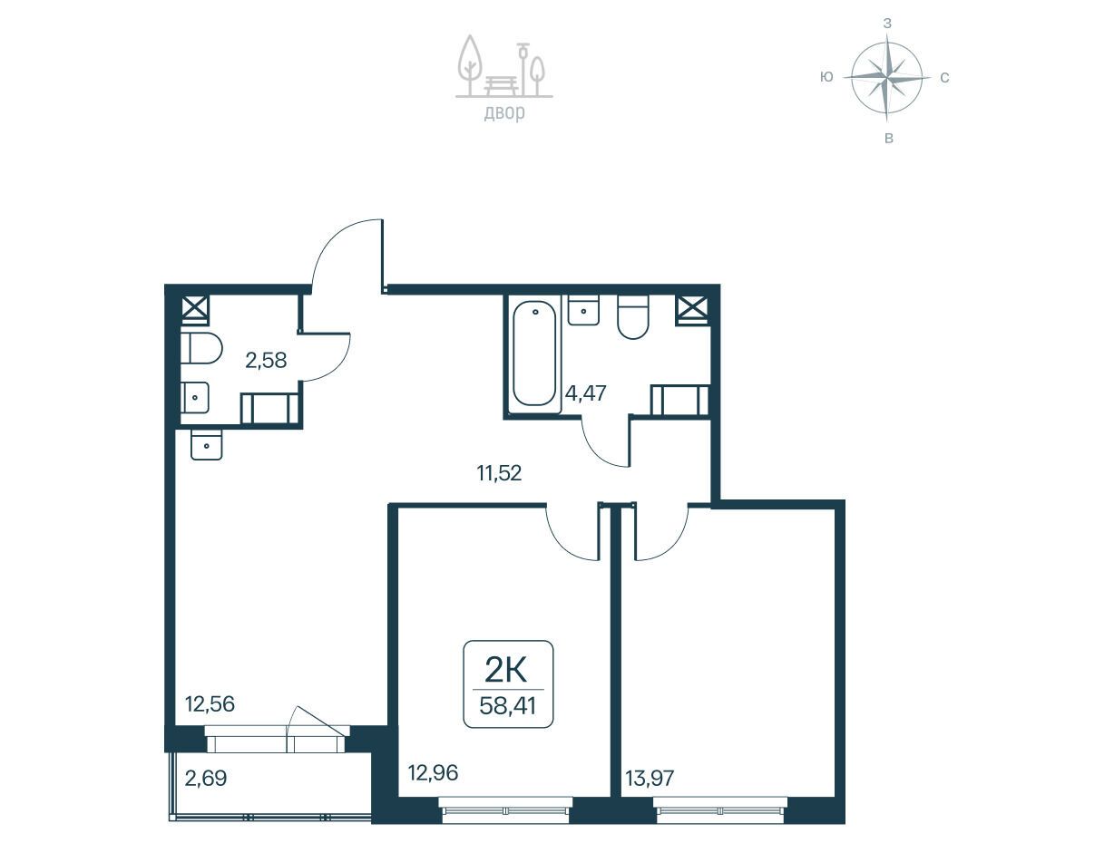 Планировка: 2-комн. квартира 58.41 м² в новостройке Расцветай в Янино