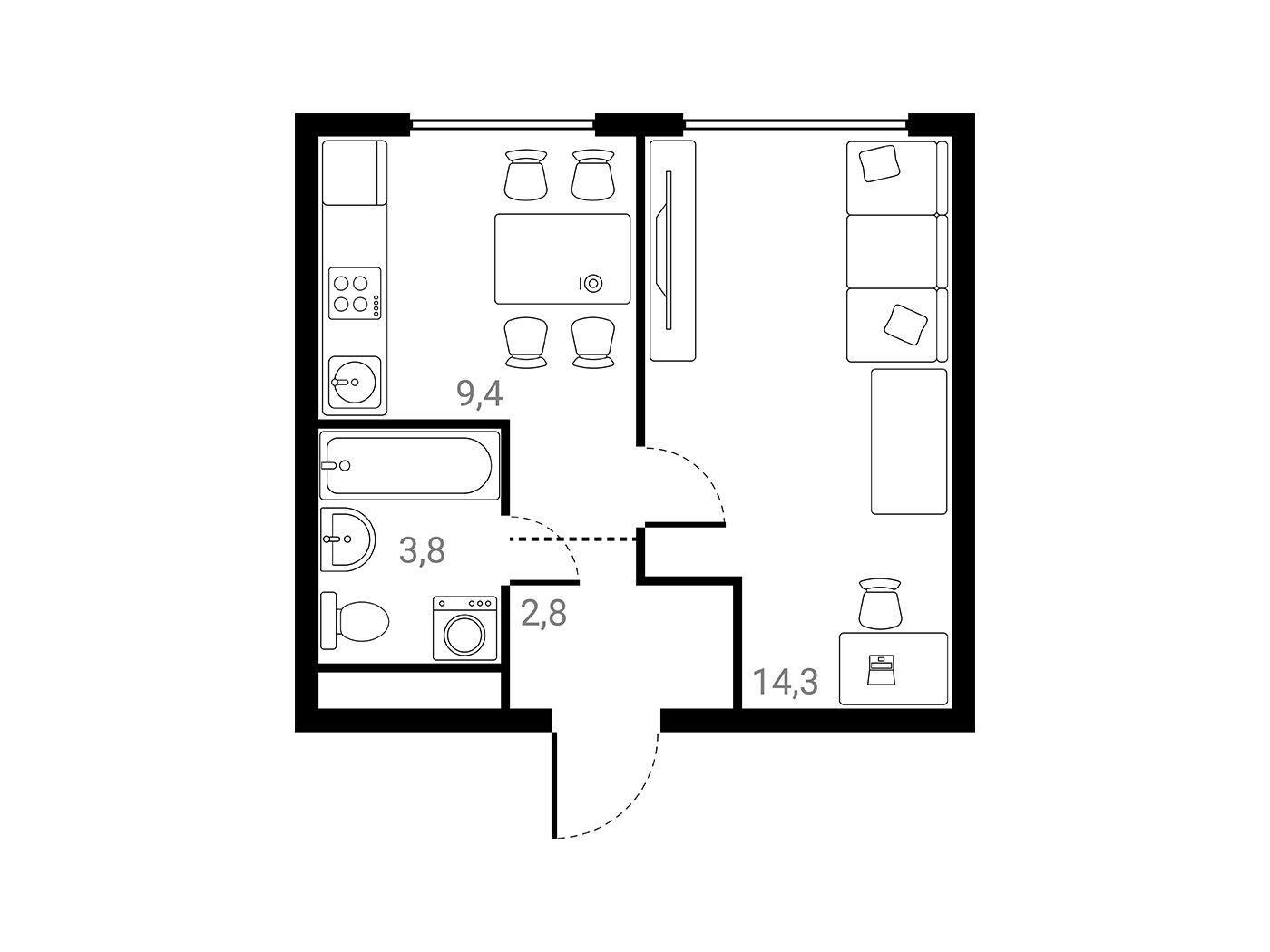 Планировка: 1-комн. квартира 30.30 м² в новостройке Лесная Коллекция