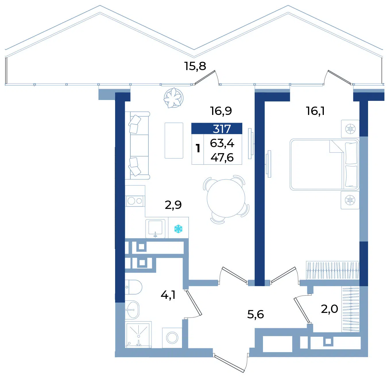 Планировка: 1-комн. квартира 63.40 м² в новостройке Комплекс апартаментов Эфириум