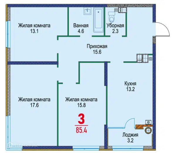 Планировка: 3-комн. квартира 85.40 м² в новостройке Красный Металлист