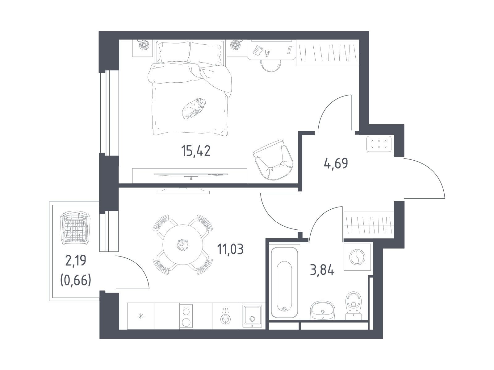 Планировка: 1-комн. квартира 35.64 м² в новостройке Новое Видное