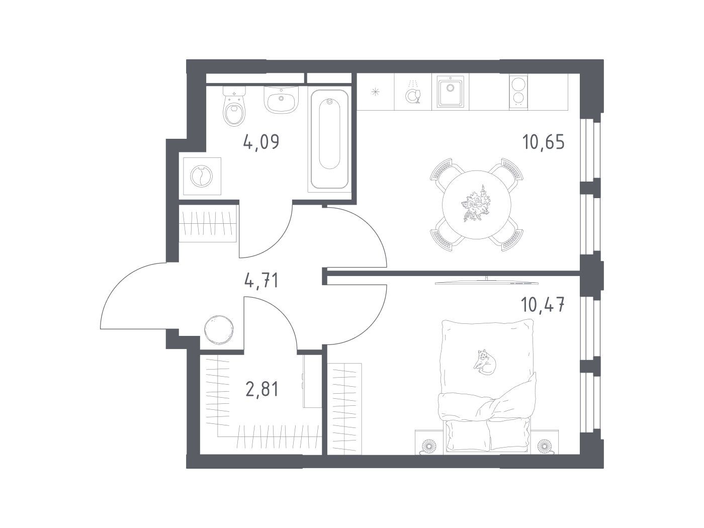 Планировка: 1-комн. квартира 32.73 м² в новостройке Космический квартал