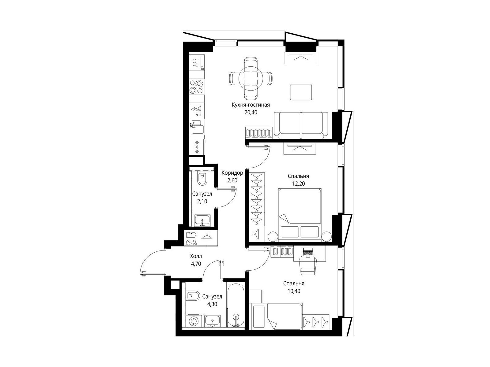 Планировка: 2-комн. квартира 56.70 м² в новостройке Ситидзен