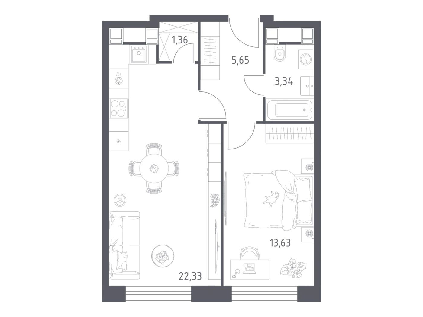 Планировка: 1-комн. квартира 46.31 м² в новостройке Пятницкое 58