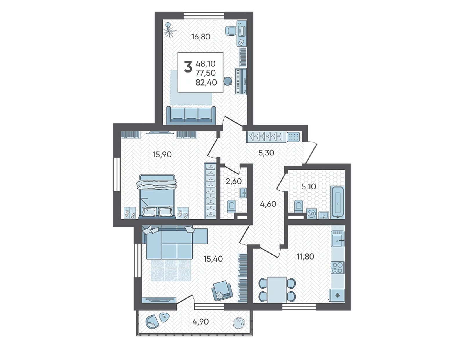 Планировка: 3-комн. квартира 82.40 м² в новостройке Горный квартал