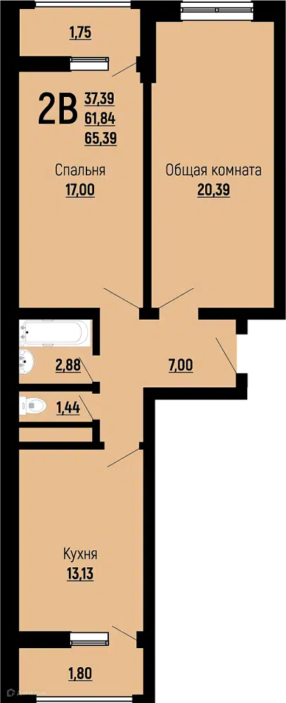 Планировка: 2-комн. квартира 65.39 м² в новостройке Славянка