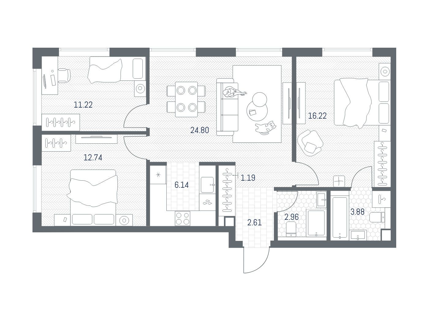 Планировка: 3-комн. квартира 81.76 м² в новостройке Тейт