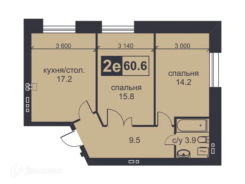 Планировка: 2-комн. квартира 60.60 м² в новостройке Михайловский
