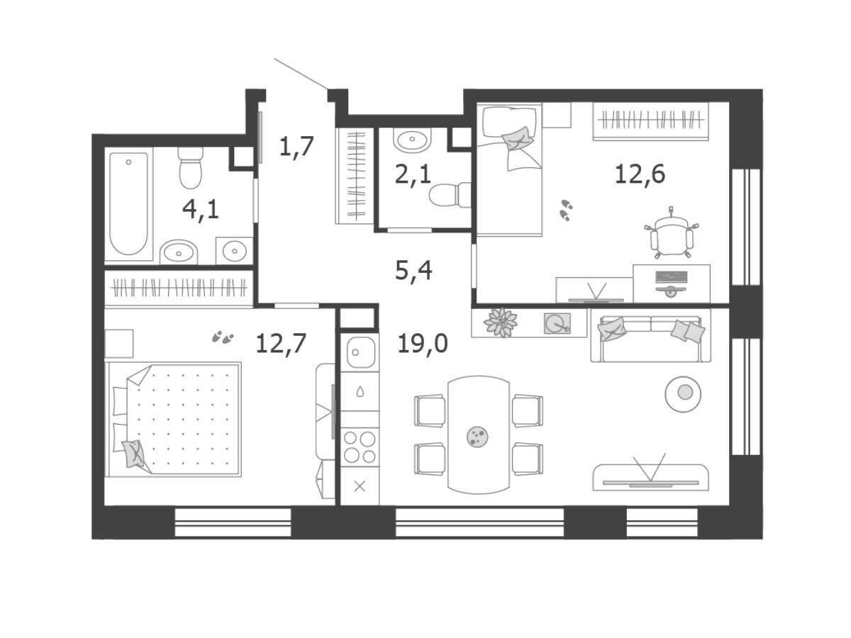 Планировка: 2-комн. квартира 57.60 м² в новостройке Шагал