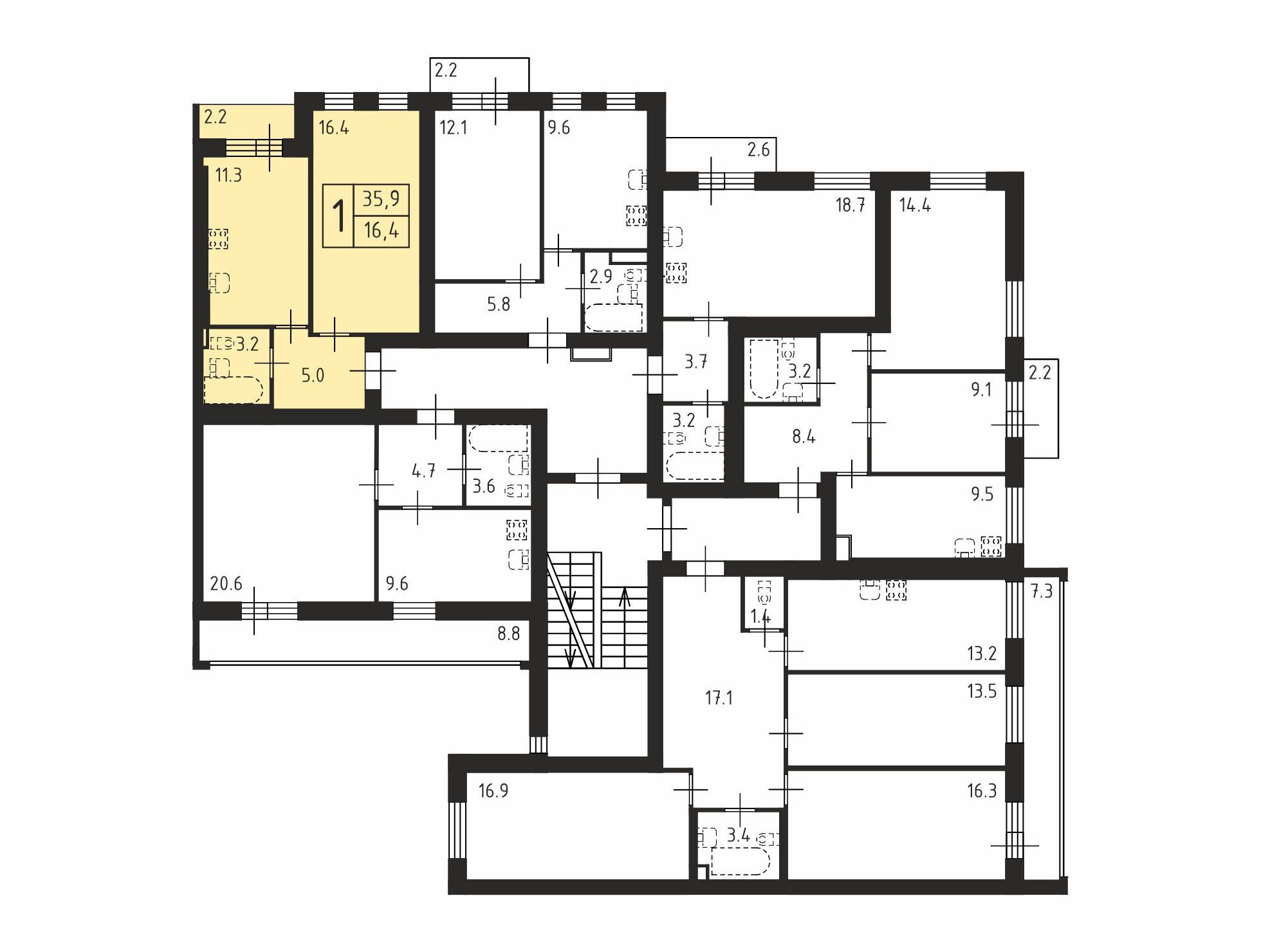 Планировка: 1-комн. квартира 35.90 м² в новостройке Щегловская усадьба