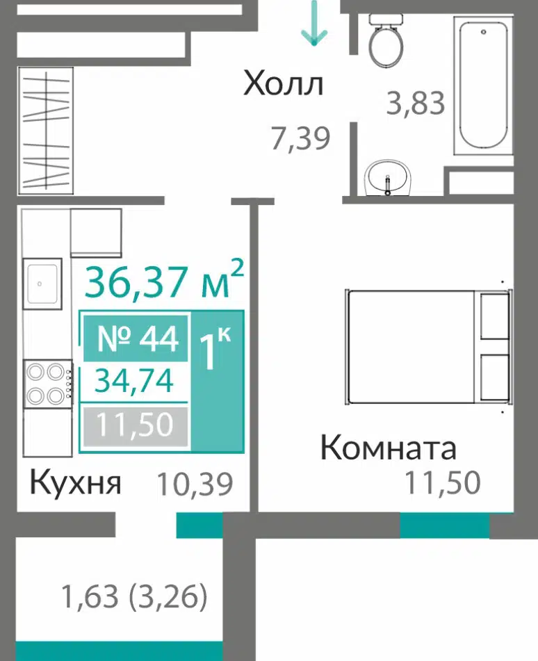 Планировка: 1-комн. квартира 34.74 м² в новостройке ЖК Горизонты-2