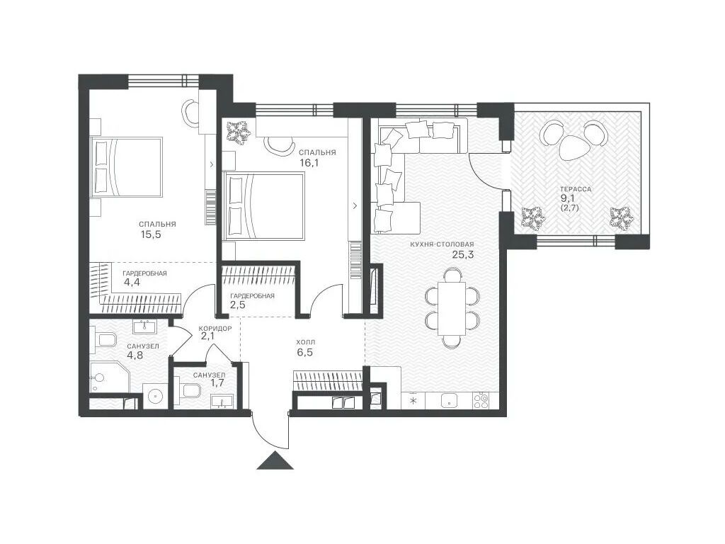 Планировка: 2-комн. квартира 75.23 м² в новостройке Крылатская 33