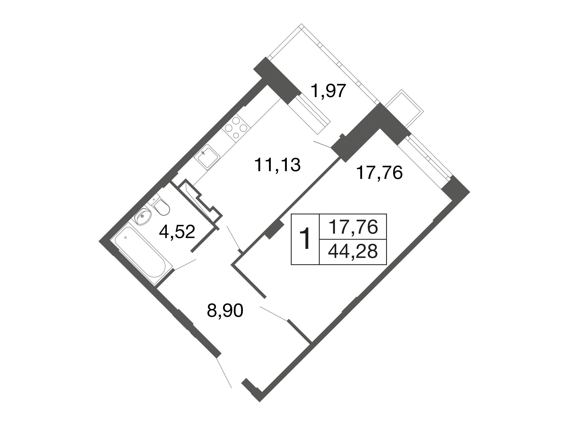 Планировка: 1-комн. квартира 42.30 м² в новостройке Времена года