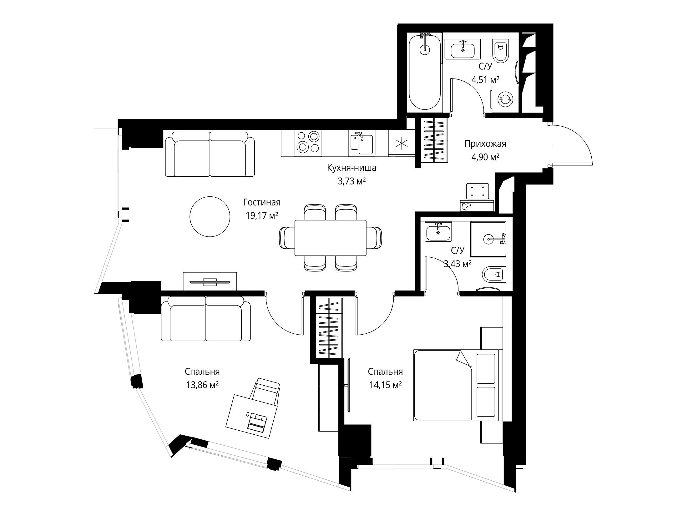 Планировка: 2-комн. квартира 64.00 м² в новостройке Феймос
