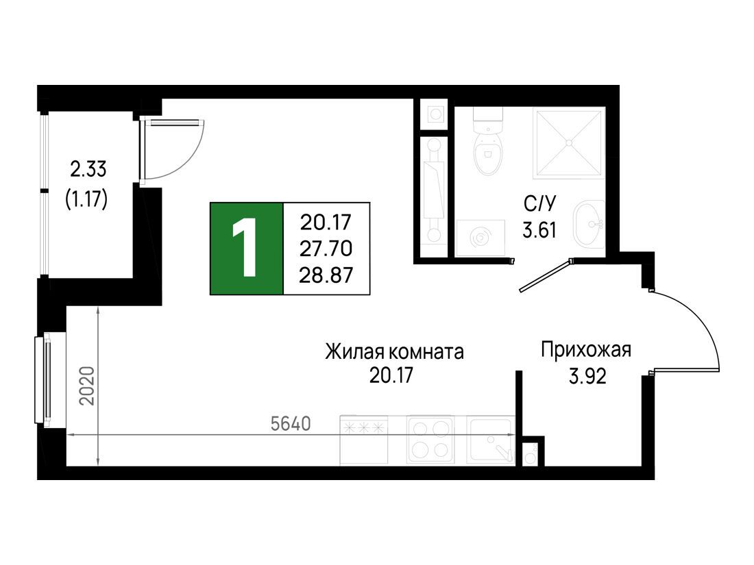 Планировка: 1-комн. квартира 28.87 м² в новостройке Имена
