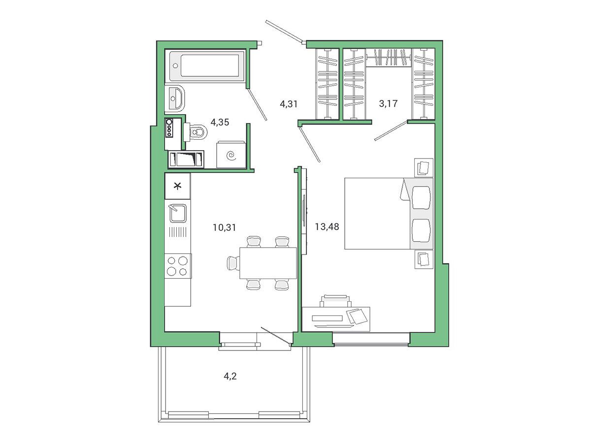 Планировка: 1-комн. квартира 36.90 м² в новостройке Янила Драйв