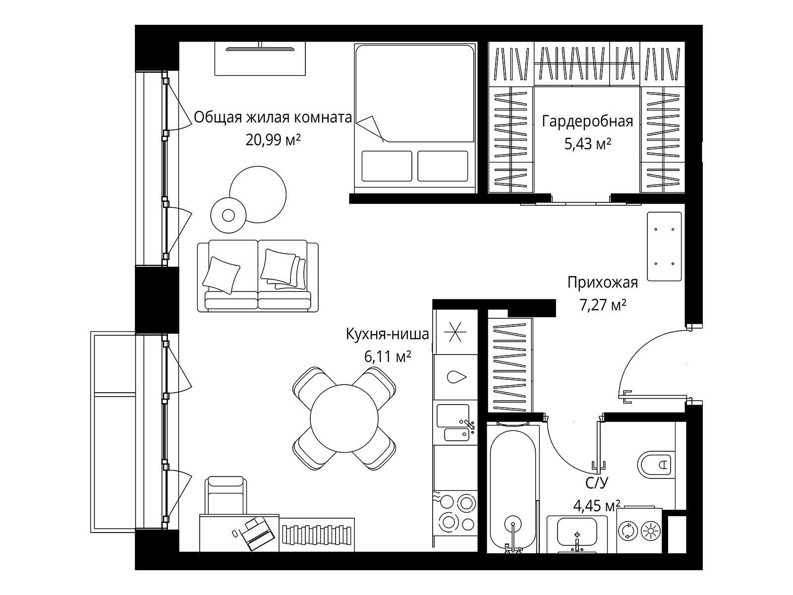 Планировка: 1-комн. квартира 44.25 м² в новостройке Мыс