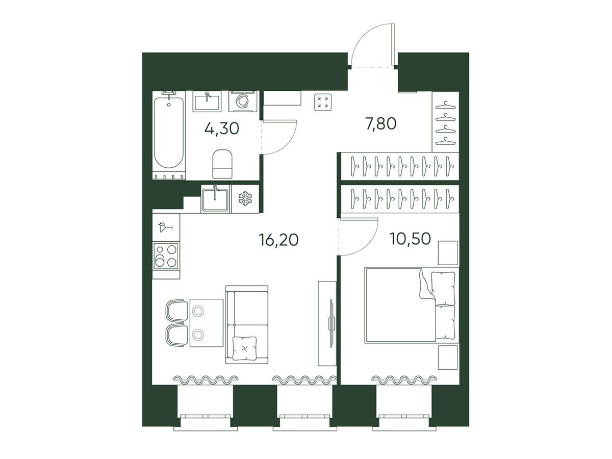 Планировка: 1-комн. квартира 38.80 м² в новостройке Моисеенко 10