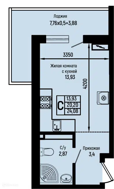 Планировка: Студия 24.08 м² в новостройке Ботаника Хилс