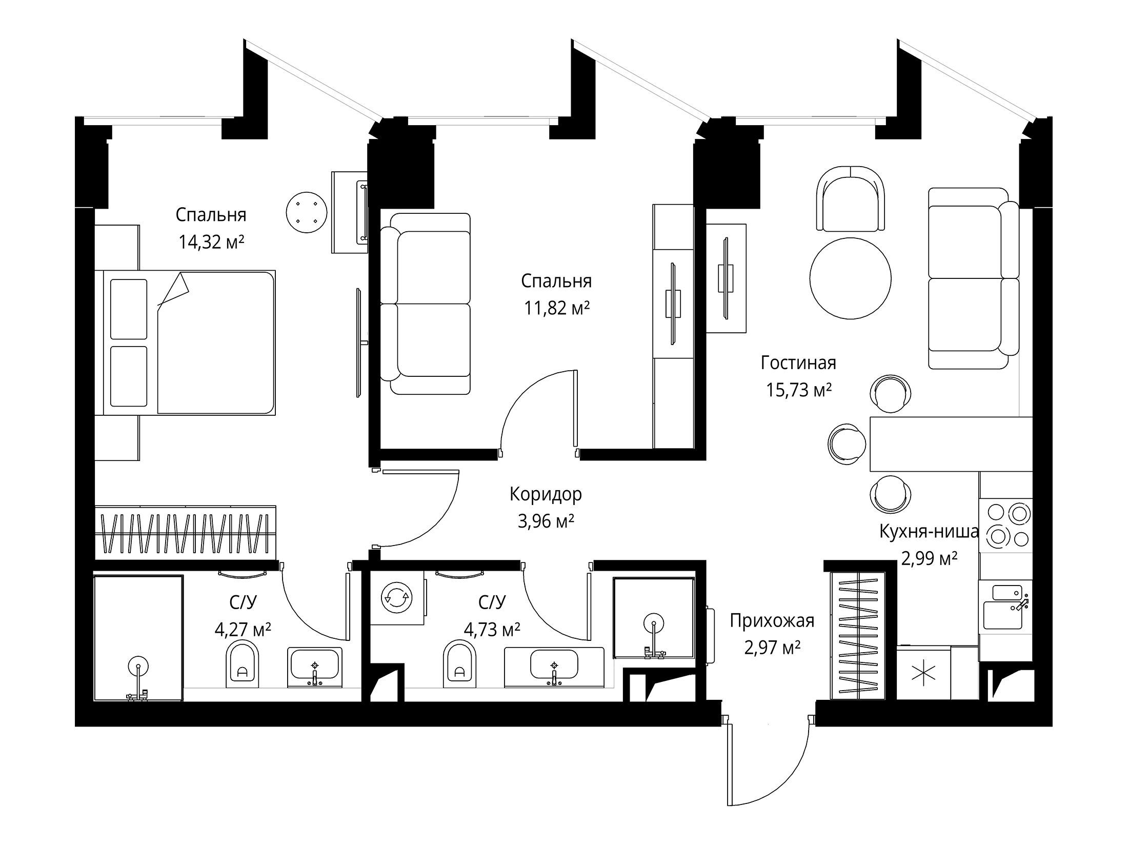 Планировка: 2-комн. квартира 60.20 м² в новостройке Феймос