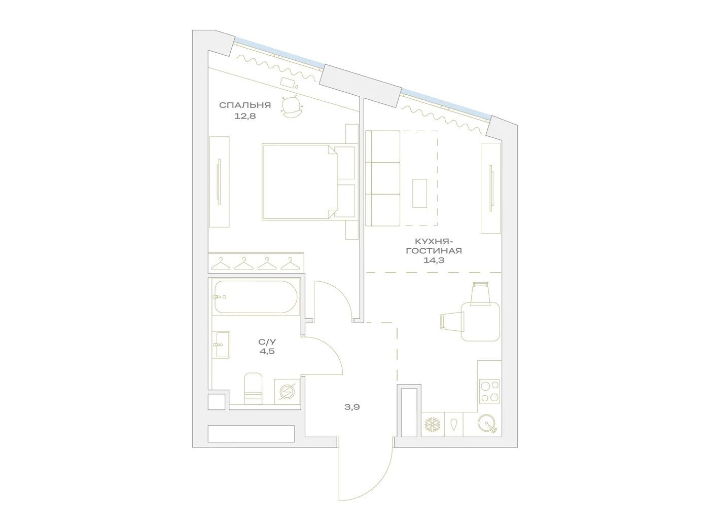 Планировка: 1-комн. квартира 35.50 м² в новостройке Детали