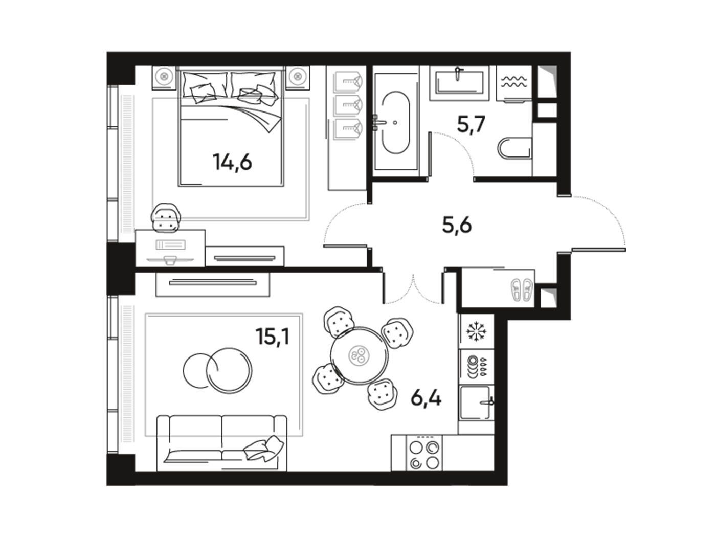 Планировка: 2-комн. квартира 47.70 м² в новостройке Прайд