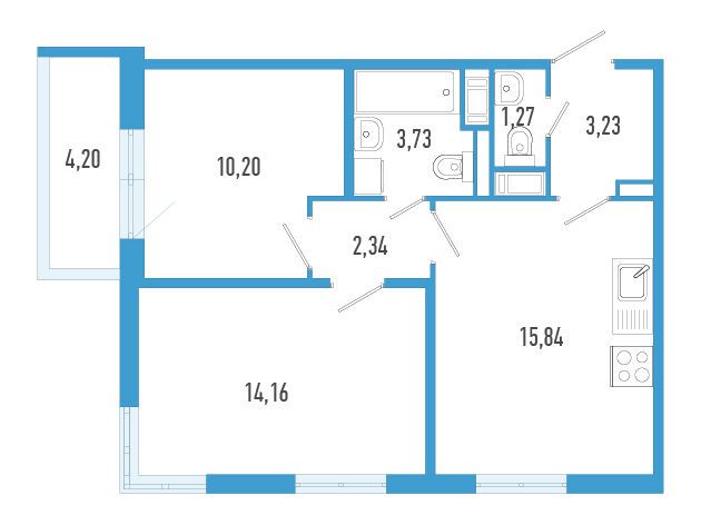 Планировка: 2-комн. квартира 52.04 м² в новостройке Аэросити
