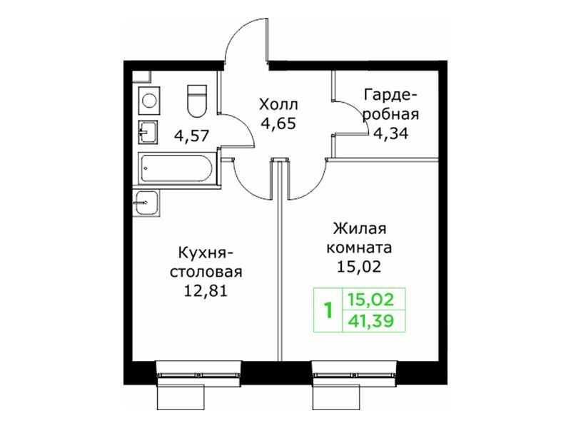 Планировка: 1-комн. квартира 41.39 м² в новостройке ЖК КИТ 2