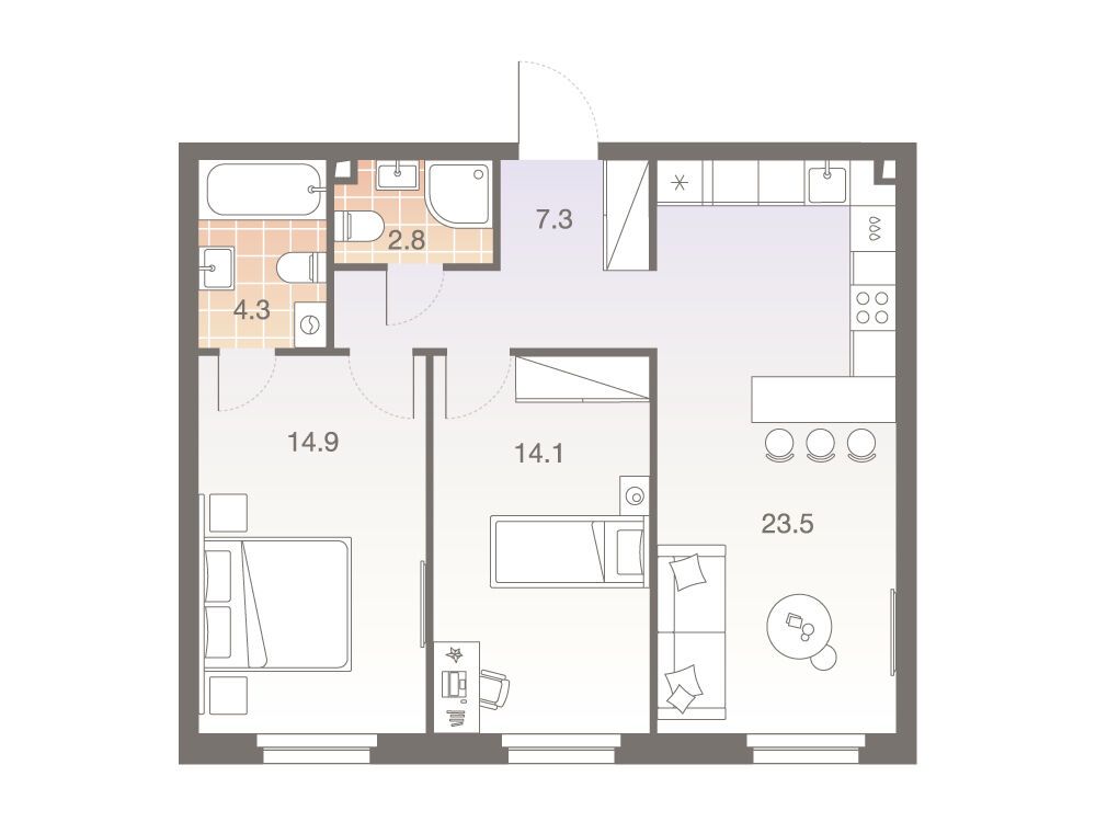 Планировка: 3-комн. квартира 66.90 м² в новостройке Твелв