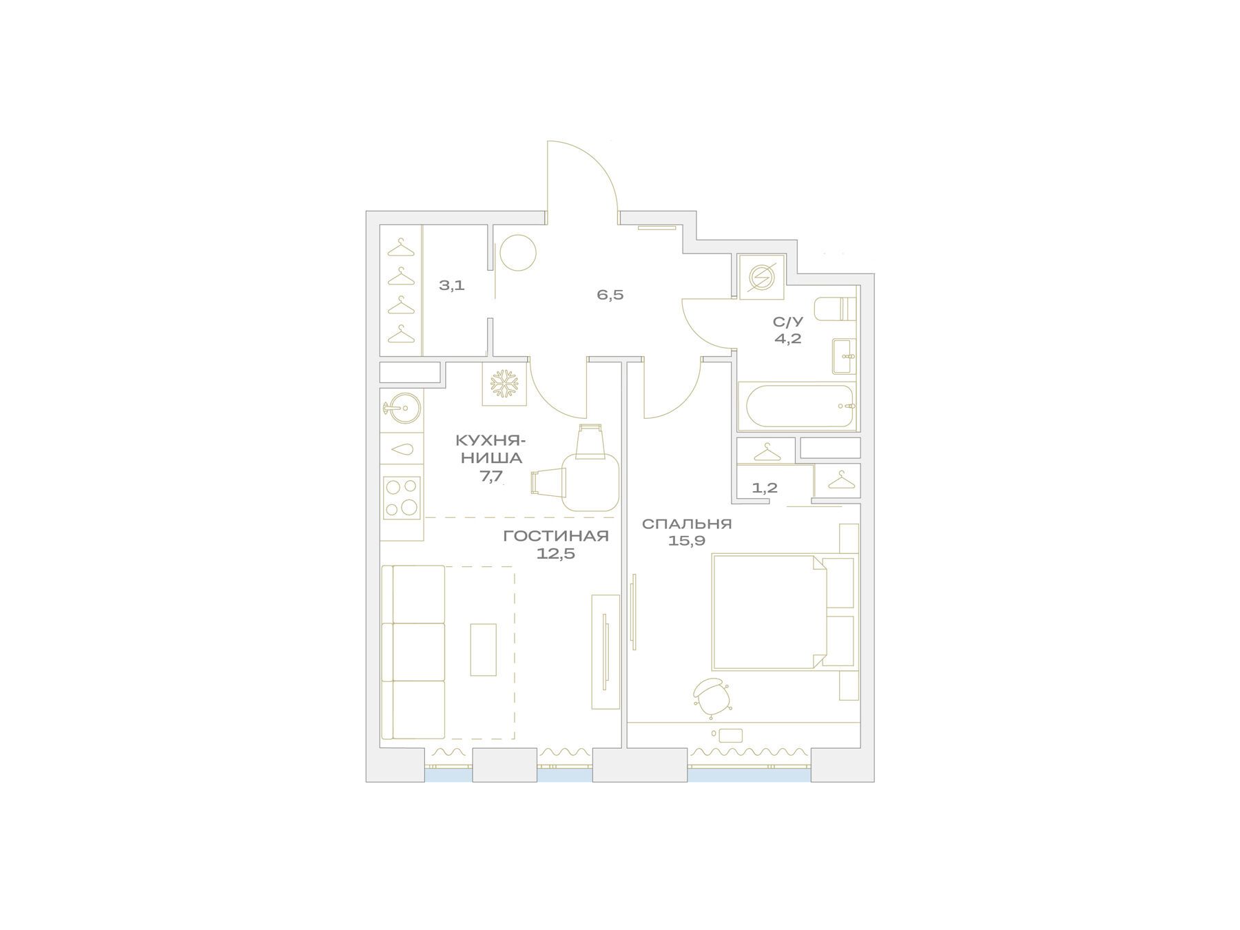 Планировка: 1-комн. квартира 51.10 м² в новостройке Детали