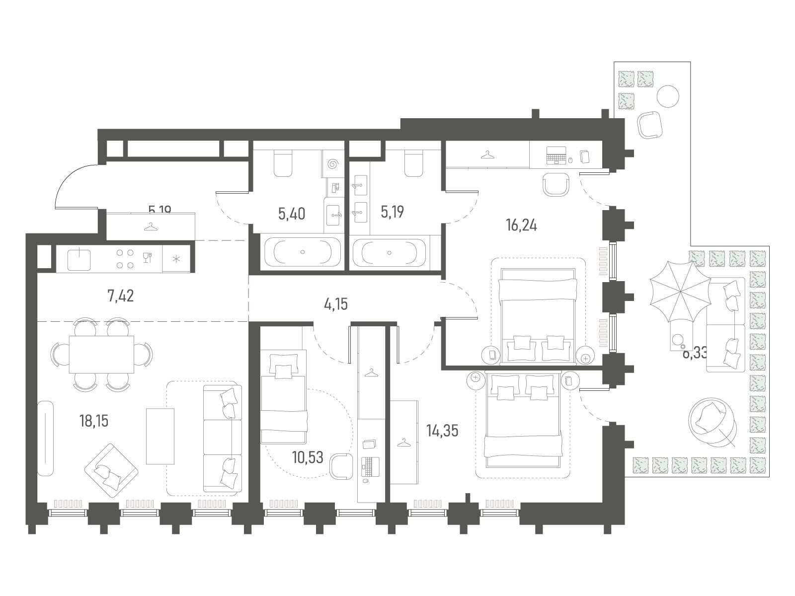 Планировка: 3-комн. квартира 92.95 м² в новостройке Индиво