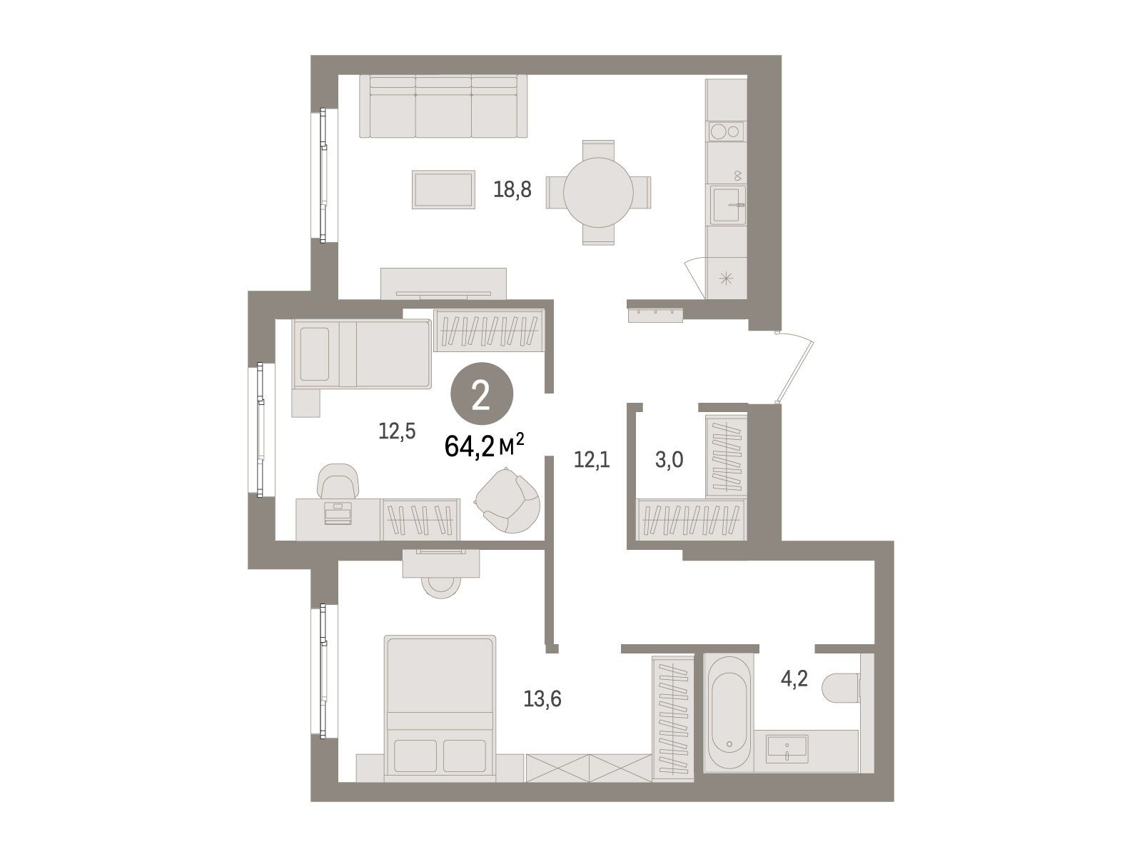 Планировка: 2-комн. квартира 64.20 м² в новостройке Брусника в Новоселье