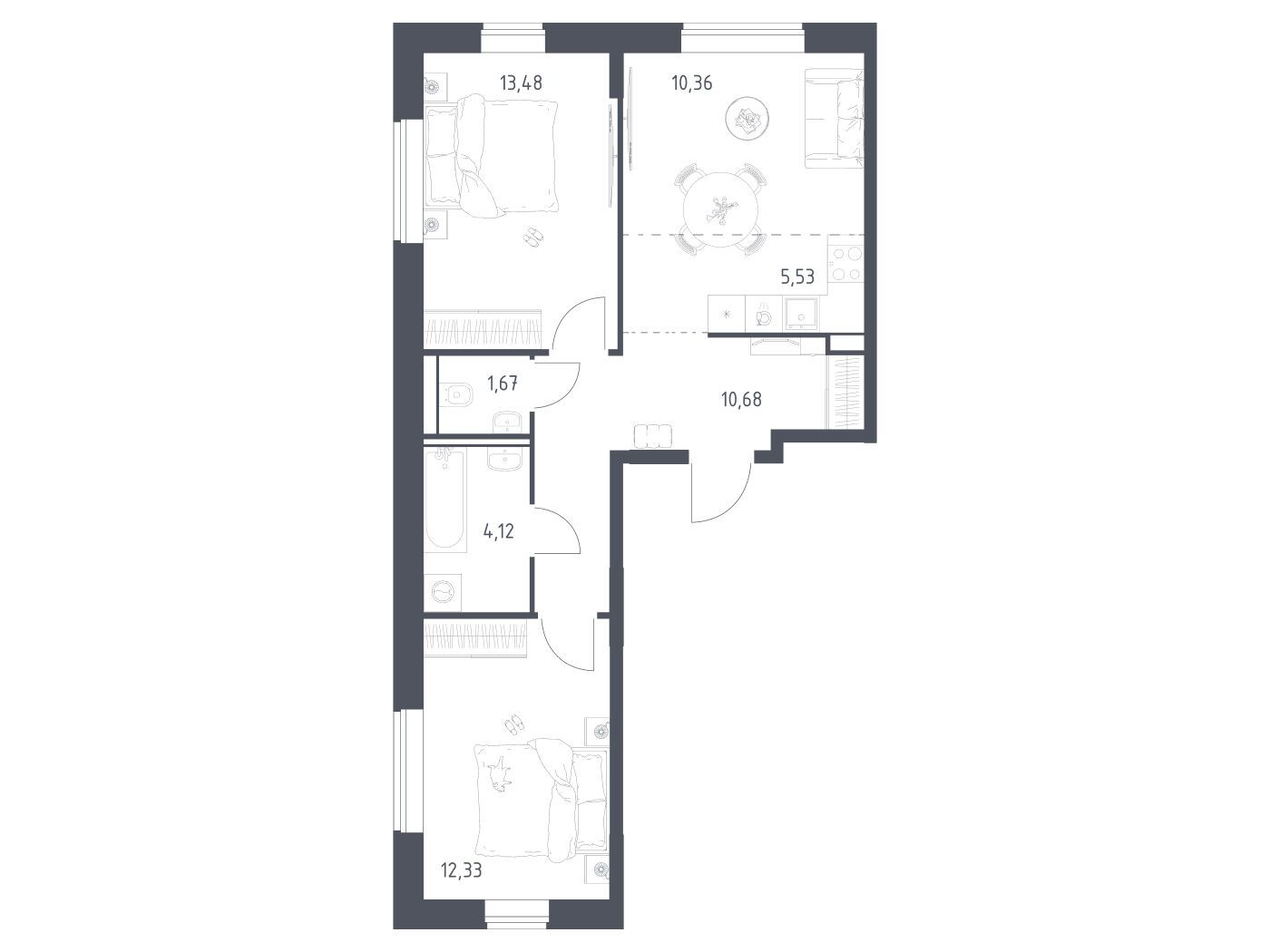 Планировка: 2-комн. квартира 58.17 м² в новостройке Квартал Домашний
