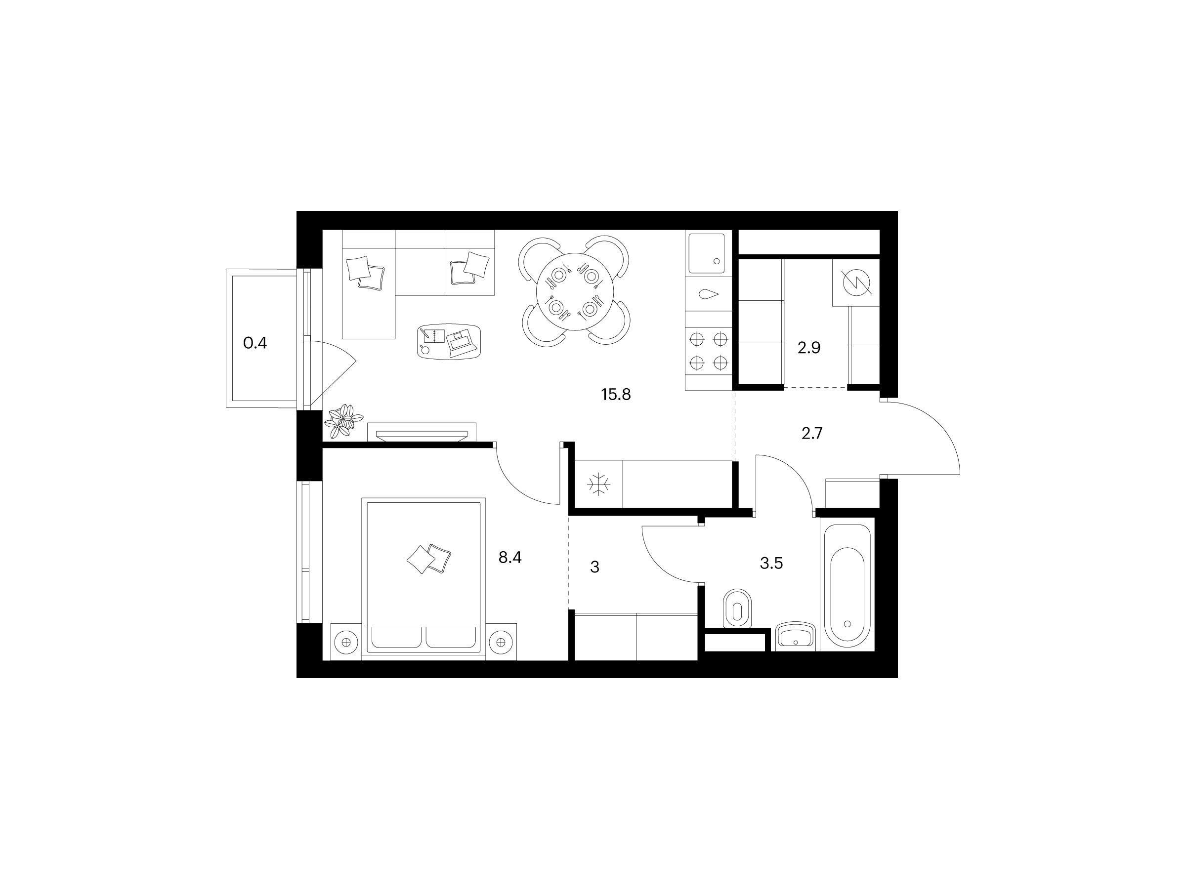 Планировка: 1-комн. квартира 36.70 м² в новостройке Бунинская набережная
