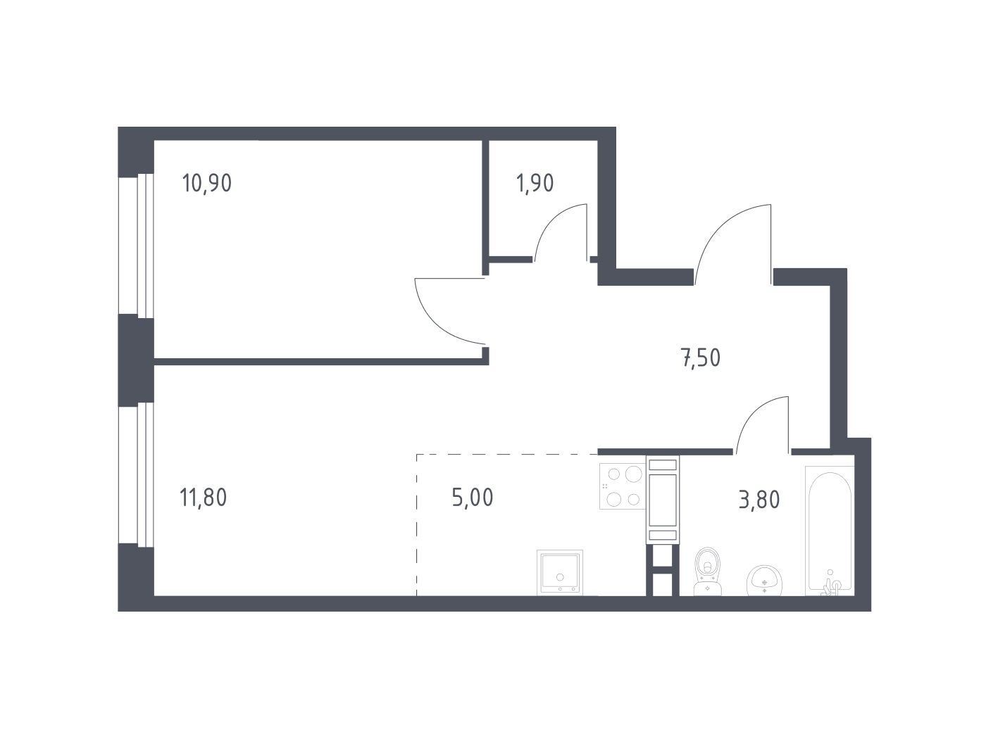 Планировка: 1-комн. квартира 40.90 м² в новостройке Эко Бунино