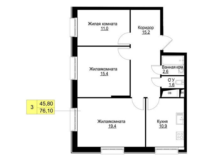 Планировка: 3-комн. квартира 76.20 м² в новостройке Корица