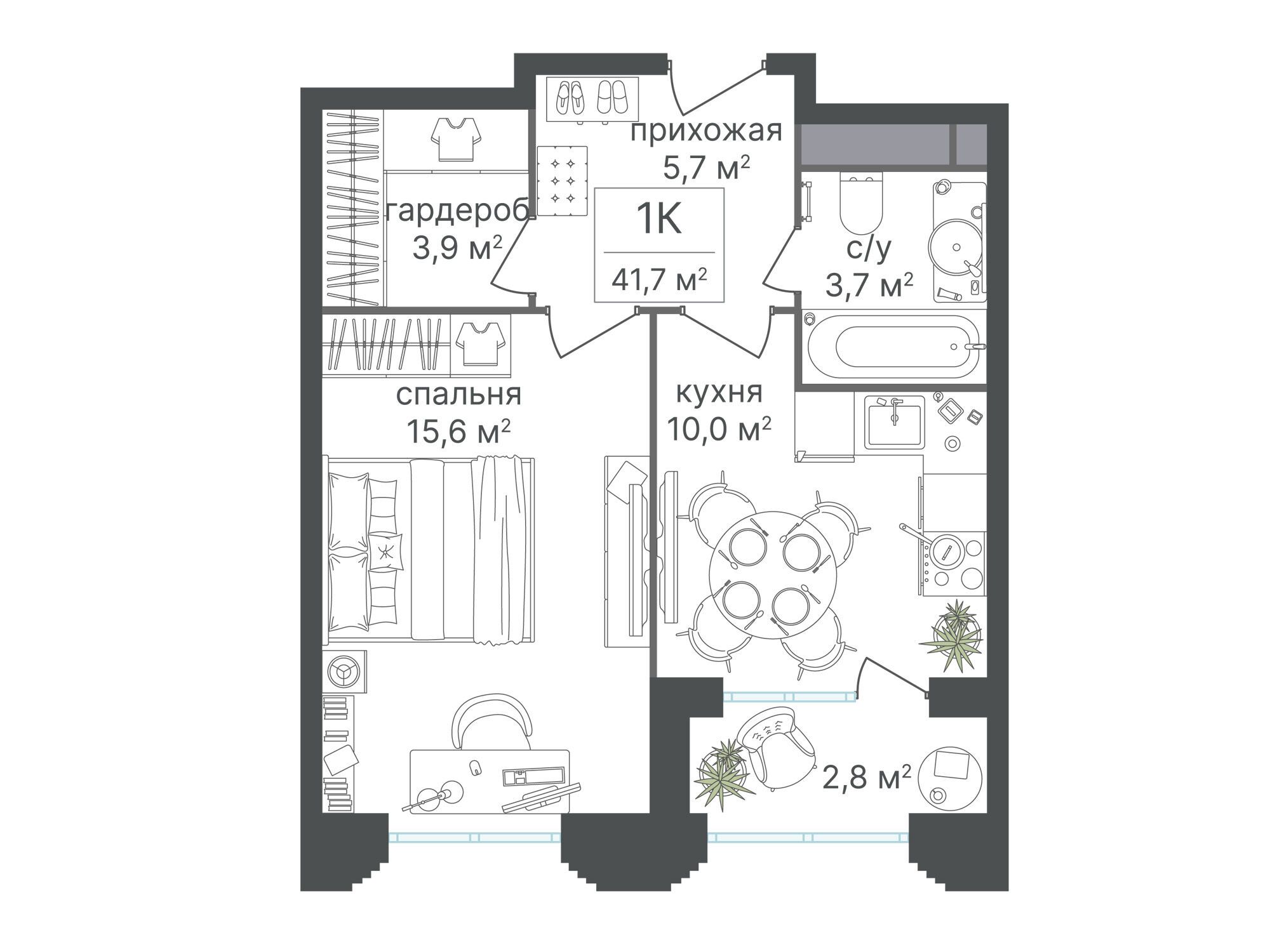 Планировка: 1-комн. квартира 41.70 м² в новостройке Варшавские ворота