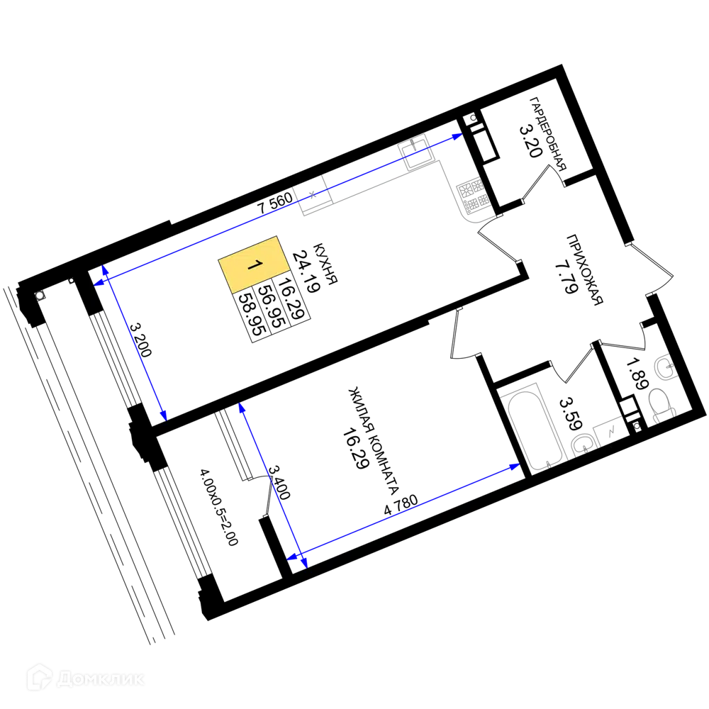 Планировка: 1-комн. квартира 58.95 м² в новостройке Резиденция морей