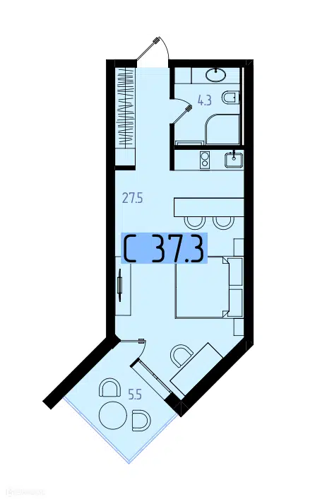 Планировка: Студия 37.30 м² в новостройке Оазис Азова
