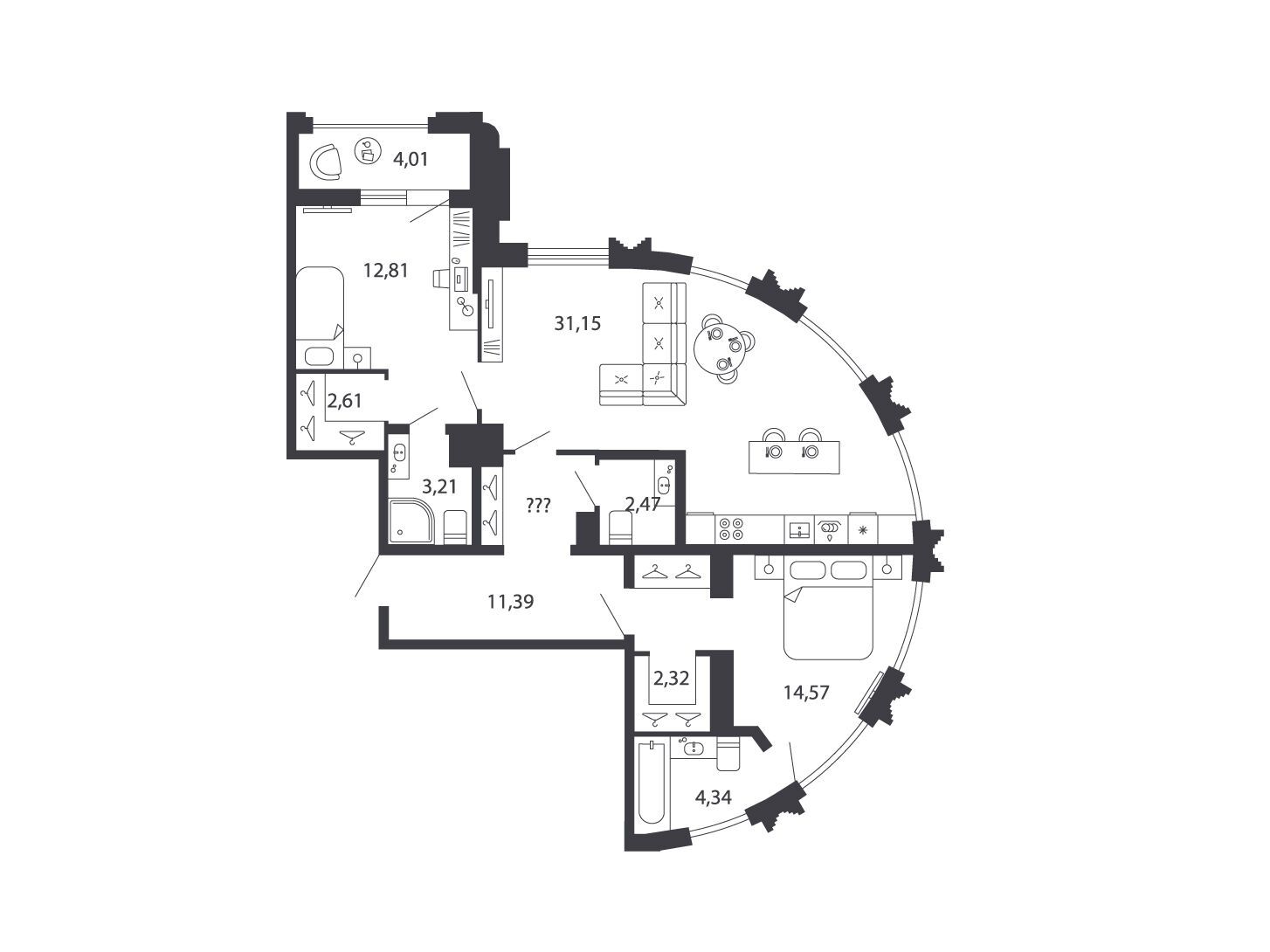 Планировка: 2-комн. квартира 86.89 м² в новостройке Шепилевский
