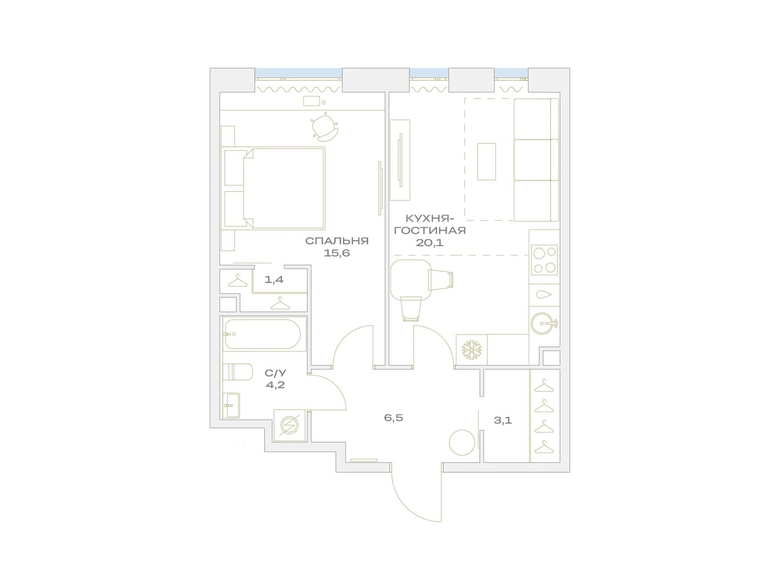 Планировка: 1-комн. квартира 50.90 м² в новостройке Детали