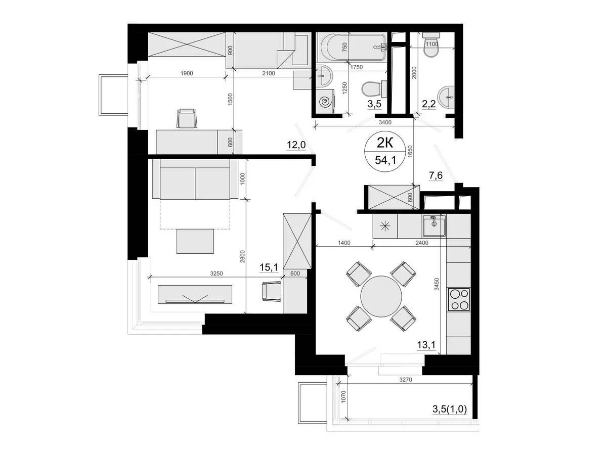 Планировка: 2-комн. квартира 54.60 м² в новостройке ЖК Одинцовские кварталы