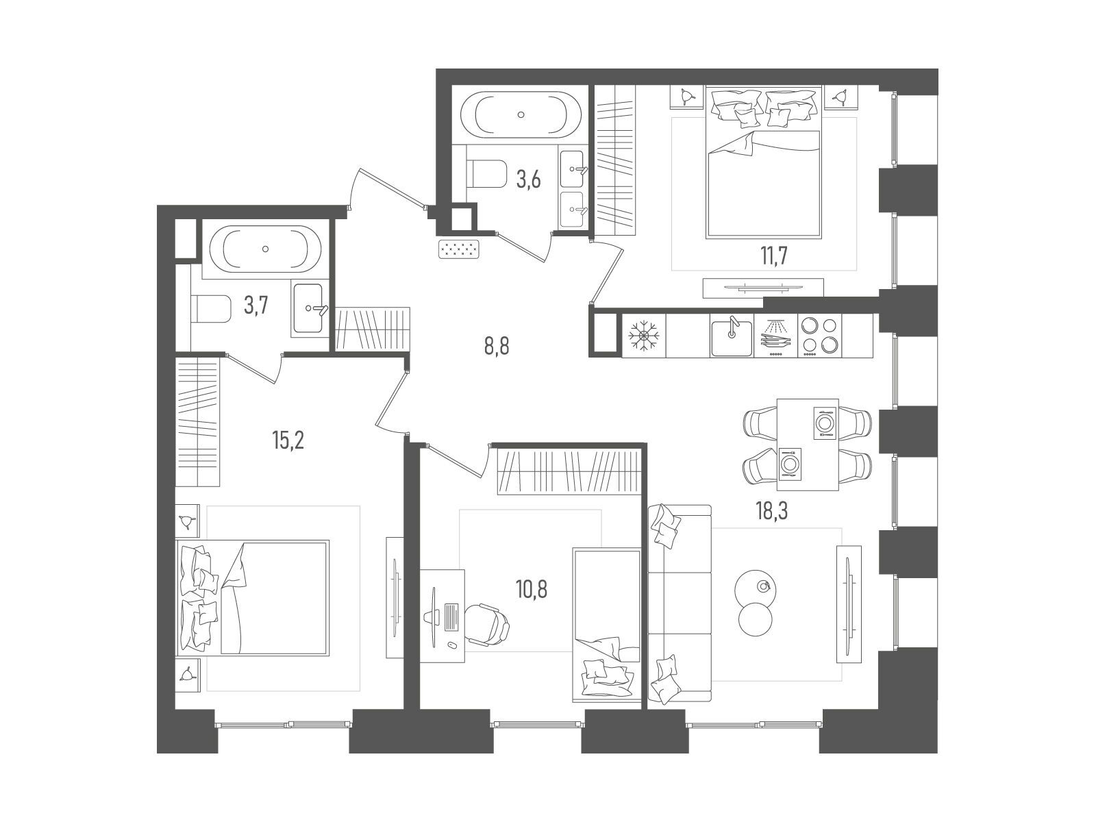 Планировка: 3-комн. квартира 72.10 м² в новостройке Пейв