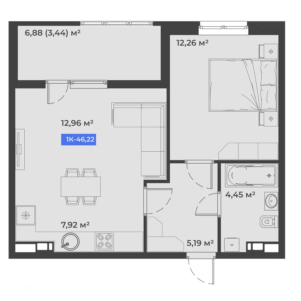 Планировка: 1-комнатная квартира 46.22 м² в новостройке Соловей