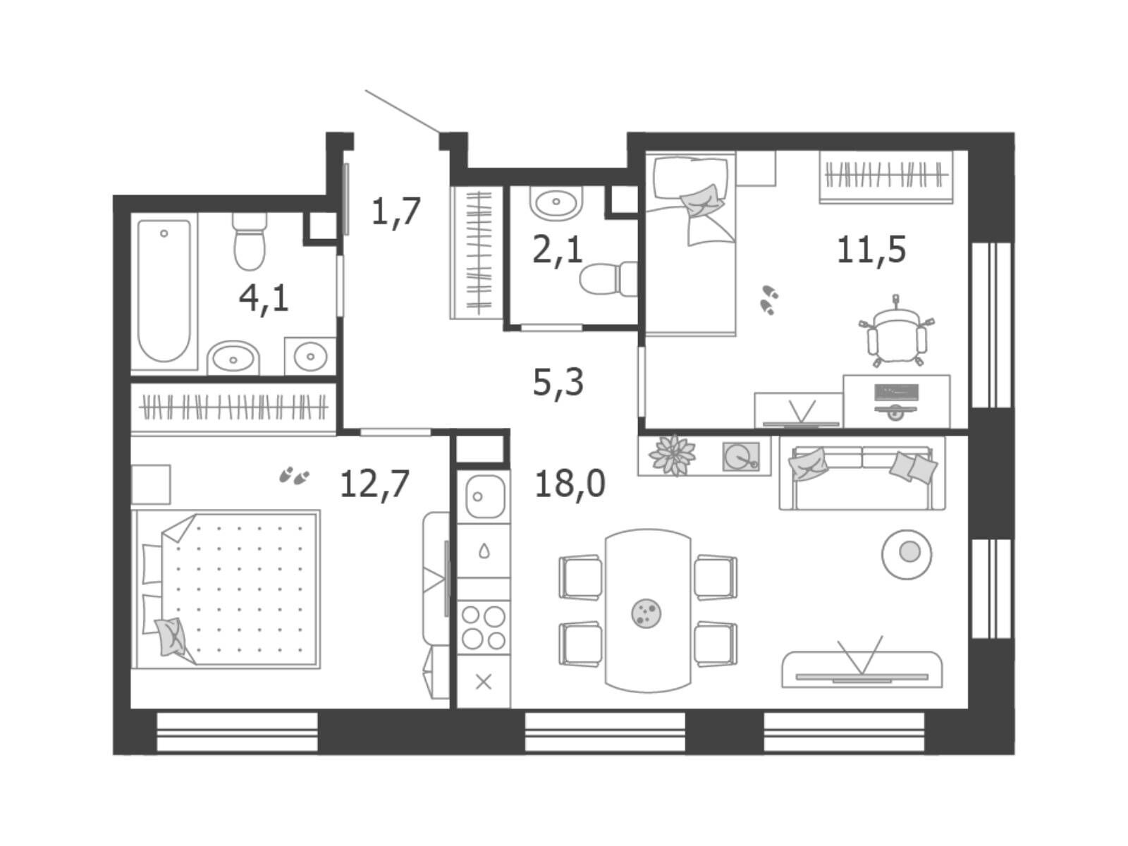 Планировка: 2-комн. квартира 55.50 м² в новостройке Шагал