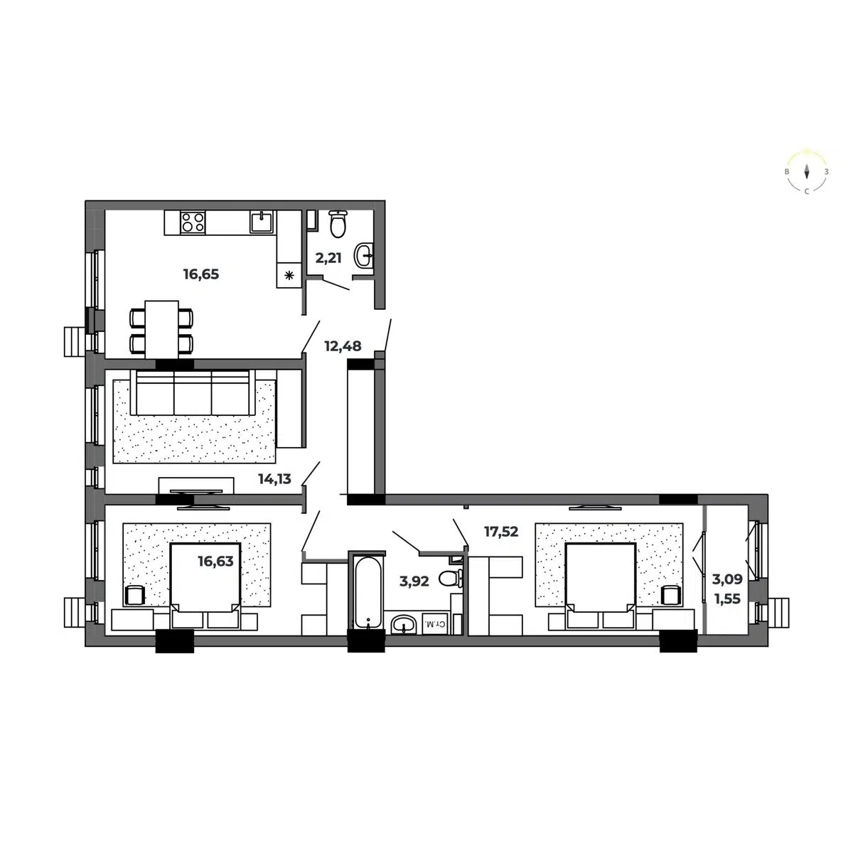 Планировка: 3-комн. квартира 85.08 м² в новостройке Красный Пахарь