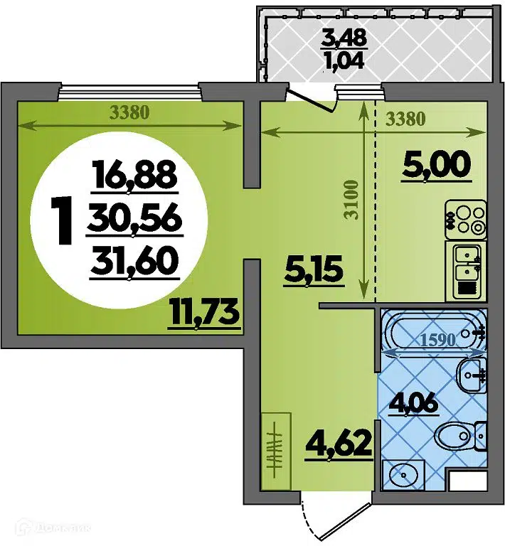 Планировка: Студия 31.60 м² в новостройке Предгорье Лаго-Наки
