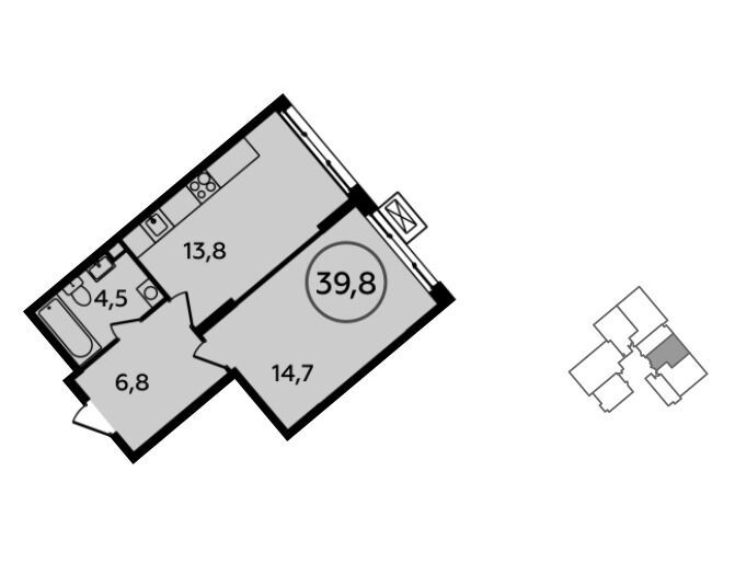 Планировка: 1-комн. квартира 39.80 м² в новостройке ЖК Прокшино