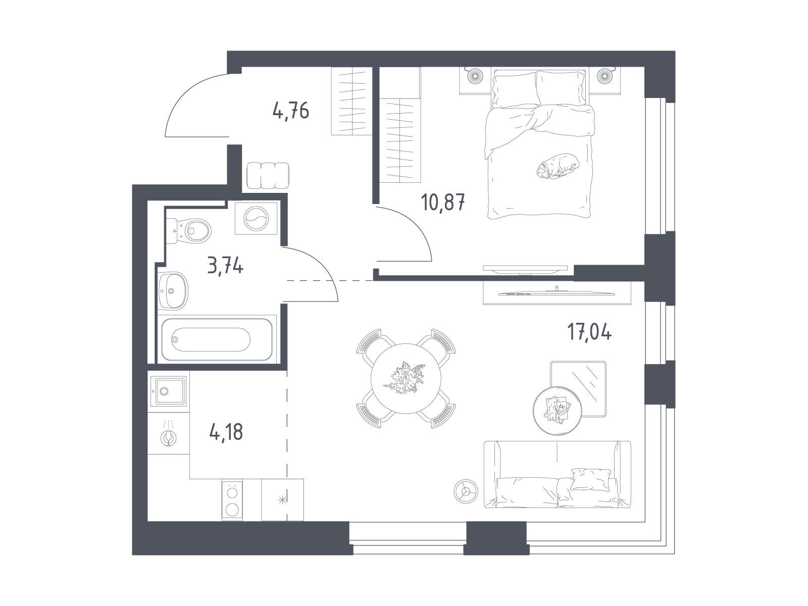 Планировка: 1-комн. квартира 40.59 м² в новостройке ЖК Новое Видное